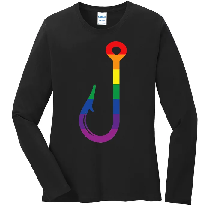 Lgbt Flag Fishing Hook Gay Angler Queer Pride Rainbow Ladies Long Sleeve Shirt