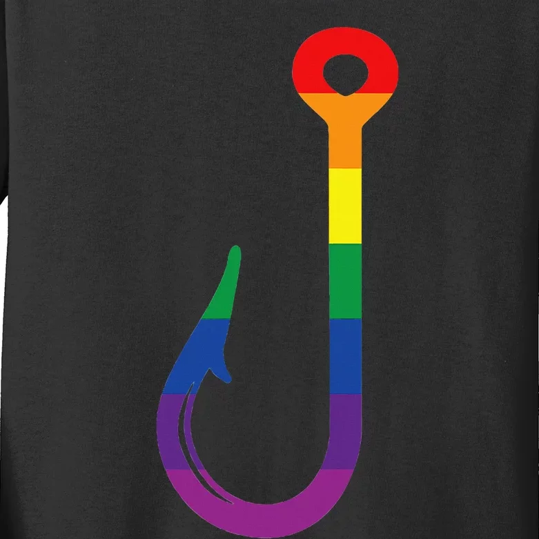 Lgbt Flag Fishing Hook Gay Angler Queer Pride Rainbow Kids Long Sleeve Shirt