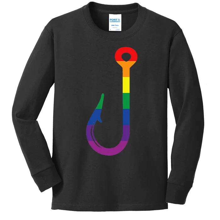 Lgbt Flag Fishing Hook Gay Angler Queer Pride Rainbow Kids Long Sleeve Shirt