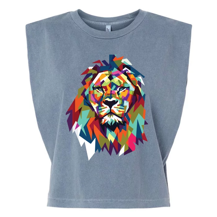 Lion Face Geometric Art Wildlife Animal Lovers Leo Star Sign Garment-Dyed Women's Muscle Tee