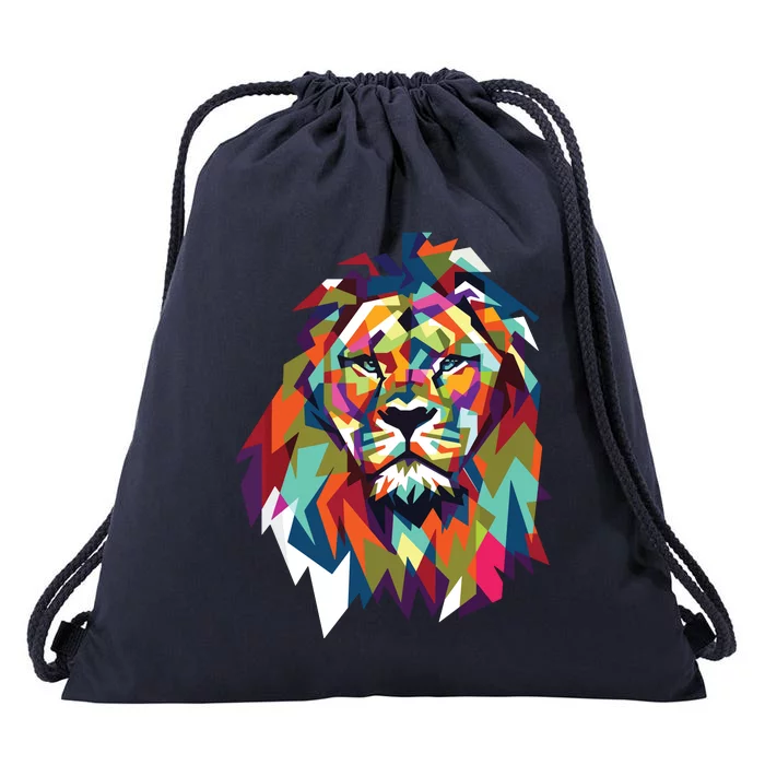 Lion Face Geometric Art Wildlife Animal Lovers Leo Star Sign Drawstring Bag