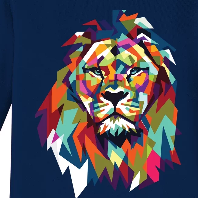 Lion Face Geometric Art Wildlife Animal Lovers Leo Star Sign Baby Long Sleeve Bodysuit