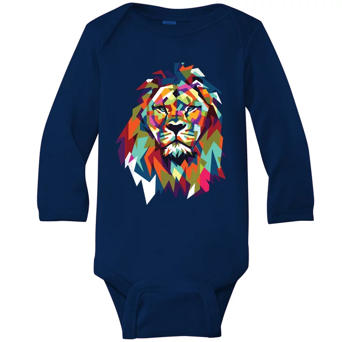 Lion Face Geometric Art Wildlife Animal Lovers Leo Star Sign Baby Long Sleeve Bodysuit