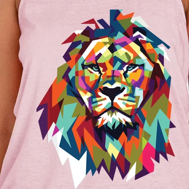 Lion Face Geometric Art Wildlife Animal Lovers Leo Star Sign Women's Knotted Racerback Tank