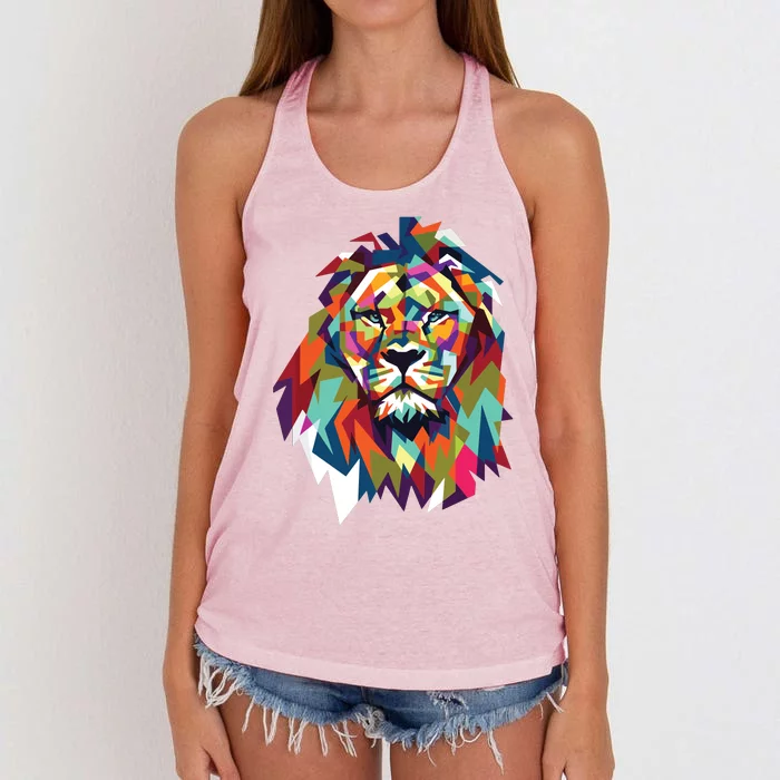 Lion Face Geometric Art Wildlife Animal Lovers Leo Star Sign Women's Knotted Racerback Tank