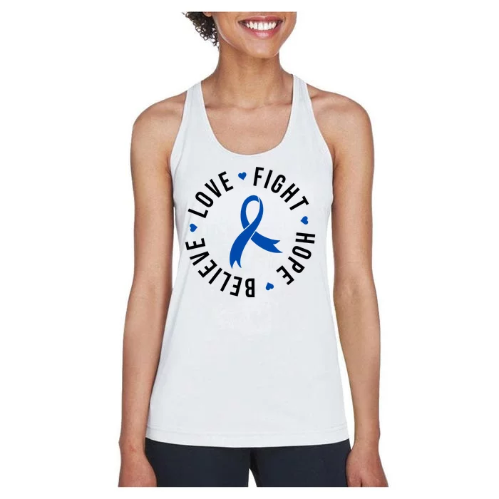 Love Fight Hope And Believe Colon Cancer Awareness Women's Racerback Tank