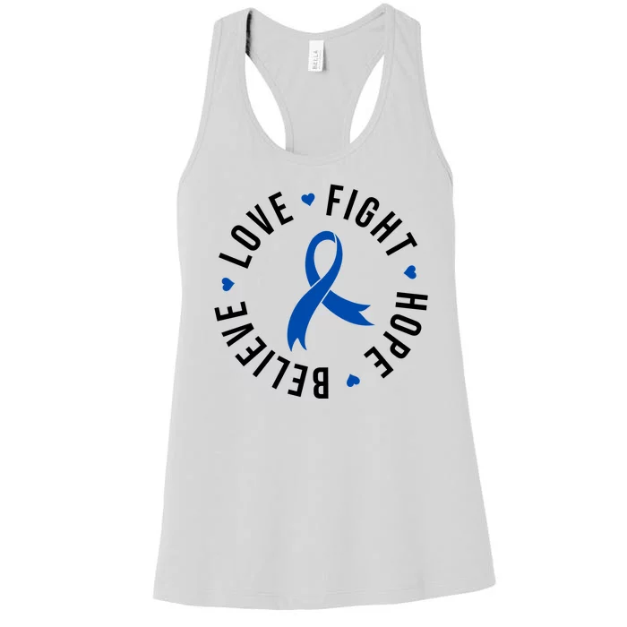 Love Fight Hope And Believe Colon Cancer Awareness Women's Racerback Tank