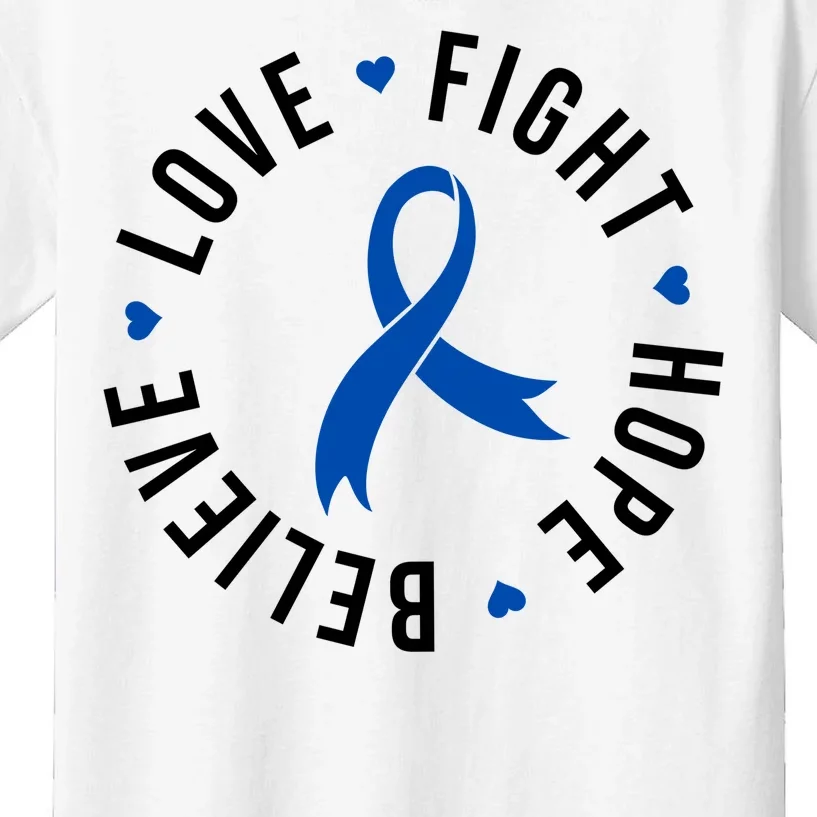 Love Fight Hope And Believe Colon Cancer Awareness Kids T-Shirt