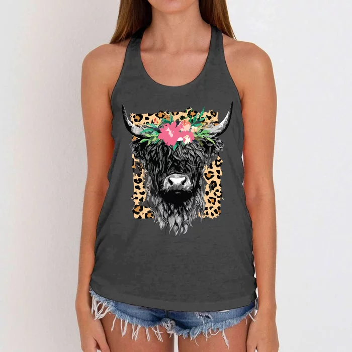 Leopard Floral Highland Cow Heifer Cattles Western Country Women's Knotted Racerback Tank