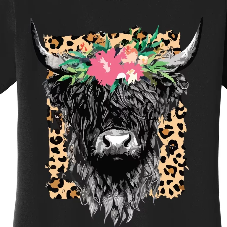 Leopard Floral Highland Cow Heifer Cattles Western Country Women's T-Shirt