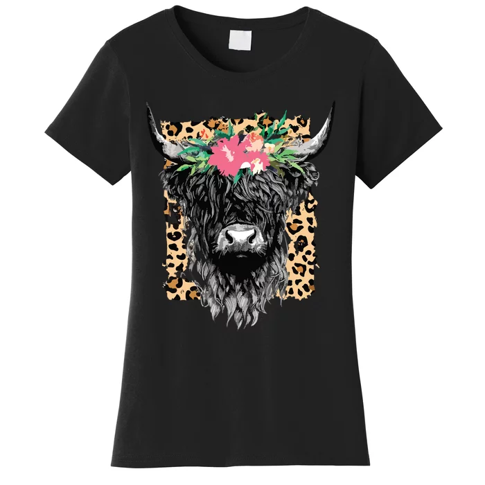 Leopard Floral Highland Cow Heifer Cattles Western Country Women's T-Shirt