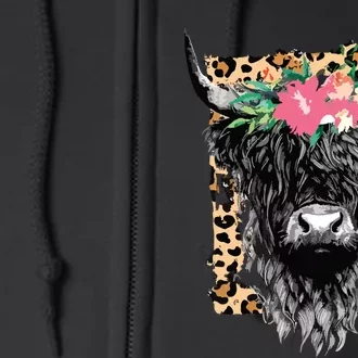 Leopard Floral Highland Cow Heifer Cattles Western Country Full Zip Hoodie