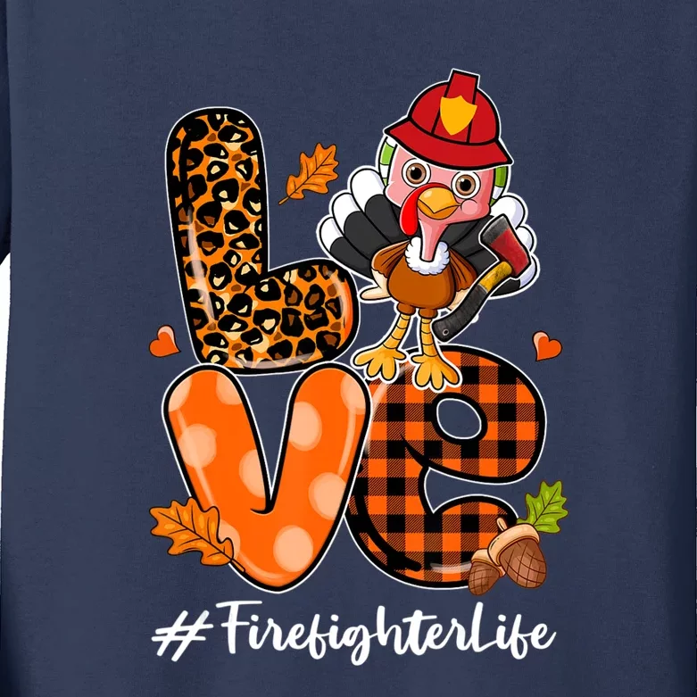 Love Firefighter Leopard Turkey Fall Thanksgiving Kids Long Sleeve Shirt