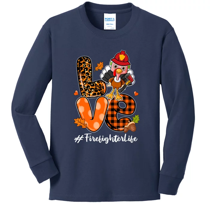 Love Firefighter Leopard Turkey Fall Thanksgiving Kids Long Sleeve Shirt