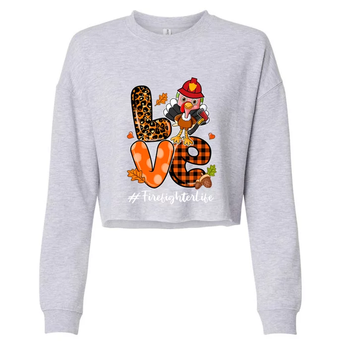 Love Firefighter Leopard Turkey Fall Thanksgiving Cropped Pullover Crew