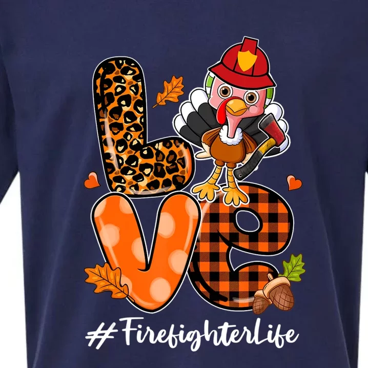 Love Firefighter Leopard Turkey Fall Thanksgiving Sueded Cloud Jersey T-Shirt