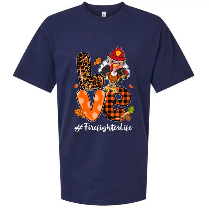 Love Firefighter Leopard Turkey Fall Thanksgiving Sueded Cloud Jersey T-Shirt