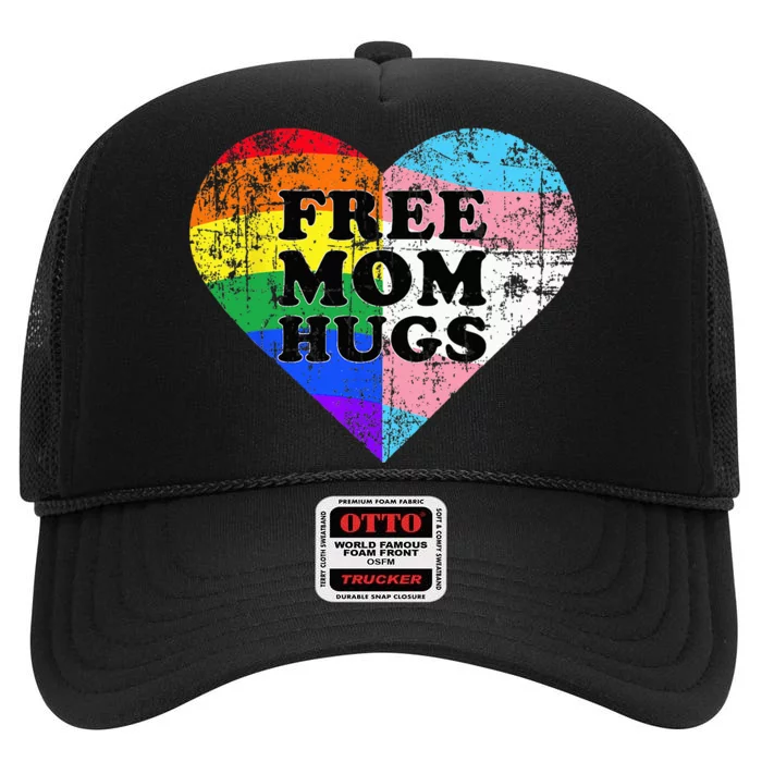 LGBT Free Mom Hugs Daisy Rainbow Heart LGBT Pride Month High Crown Mesh Trucker Hat