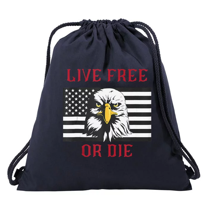 Live Free Or Die Bald Eagle American Flag Drawstring Bag