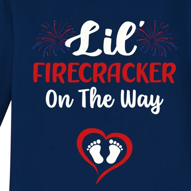 Lil Firecracker On The Way Funny 4th Of July Pregnancy Mom Gift Baby Long Sleeve Bodysuit