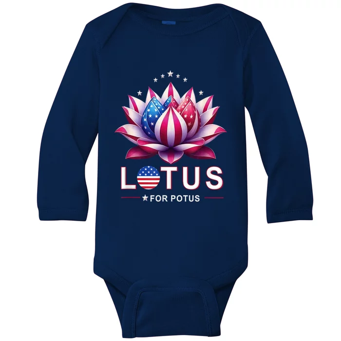 Lotus For Potus Kamala Harris 2024 President Trend Election Funny Gift Baby Long Sleeve Bodysuit