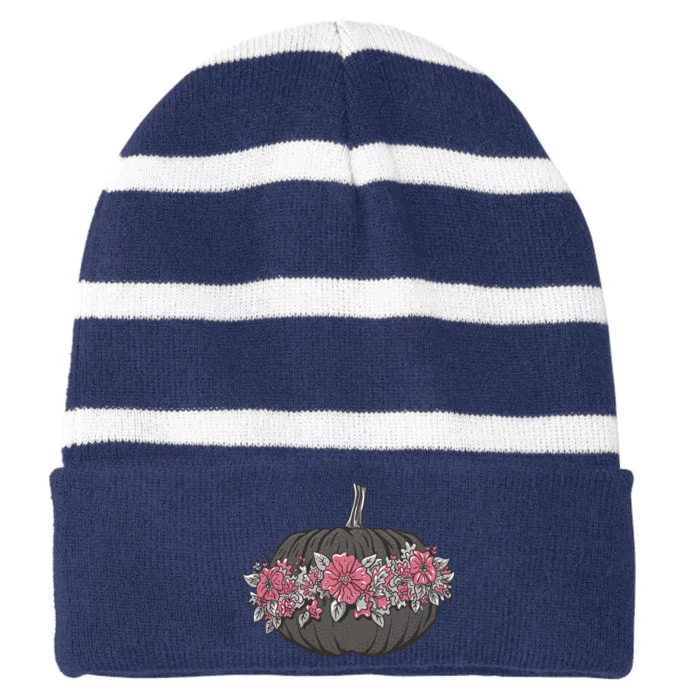 Lovely Flowered Pumpkin Striped Beanie with Solid Band