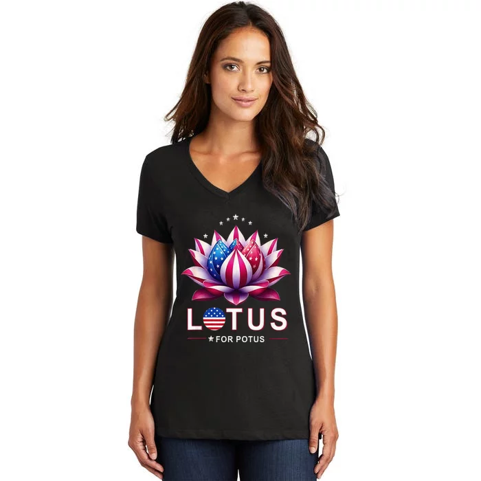 Lotus For Potus Kamala Harris 2024 President Trend Election Women's V-Neck T-Shirt