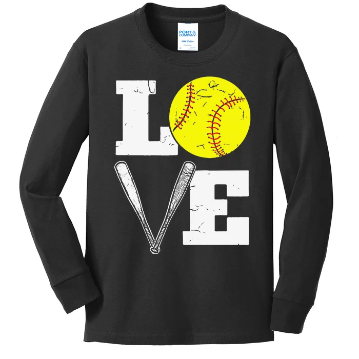 Love Funny Softball Player Kids Long Sleeve Shirt