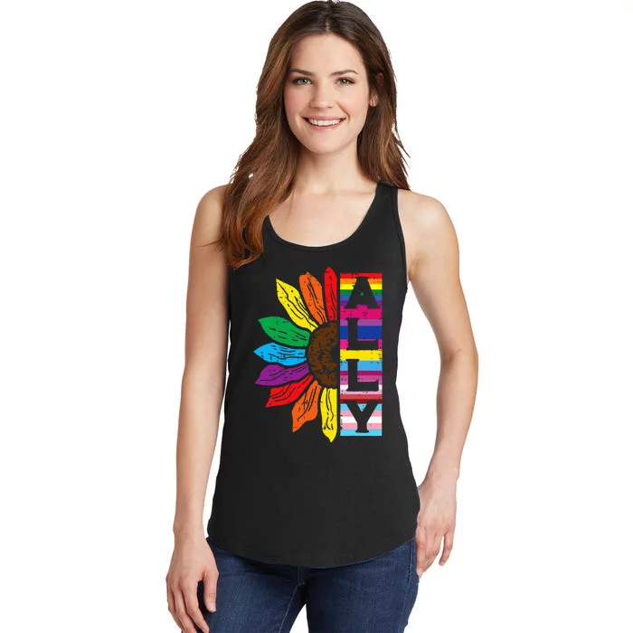 Lgbt Gay Ally Sunflower Rainbow Pride Flag Ladies Essential Tank