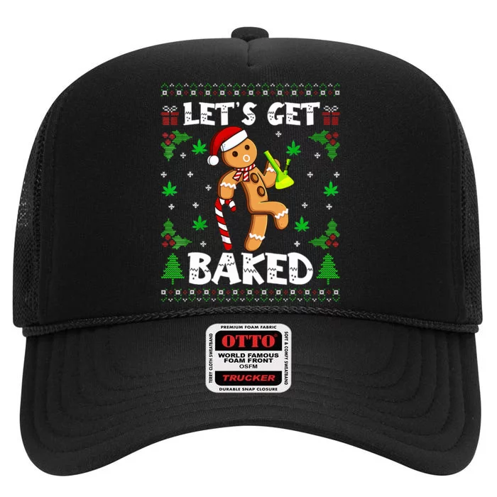 Let's Get Baked Gingerbread Man Weed Funny Christmas Cookie High Crown Mesh Trucker Hat