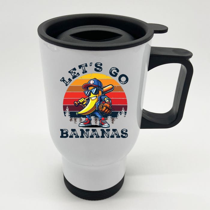 Lets Go Bananas Banana Playing Baseball Baseball Player Gift Front & Back Stainless Steel Travel Mug