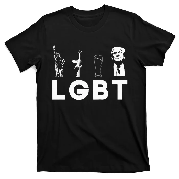 liberty guns beer trump lgbt parody 4th of july usa flag T-Shirt