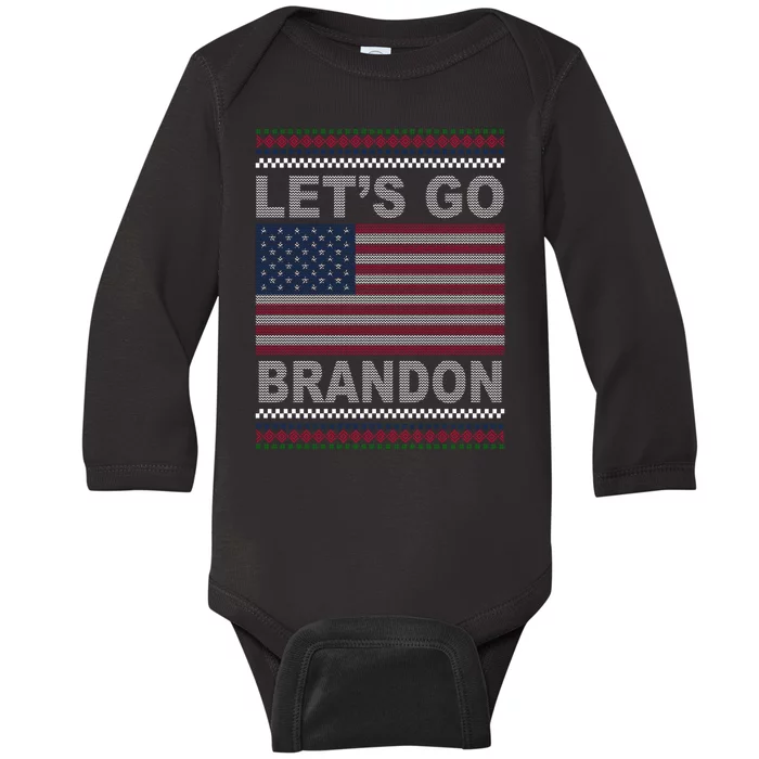 Let's Go Brandon American Flag Ugly Christmas Baby Long Sleeve Bodysuit