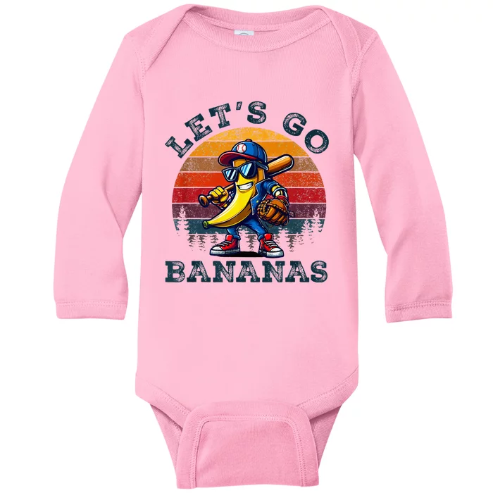 Lets Go Bananas Banana Playing Baseball Baseball Player Gift Baby Long Sleeve Bodysuit