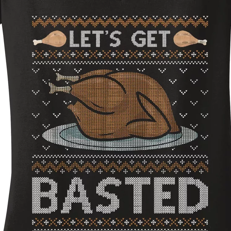 Let's Get Basted Turkey Fall Vibes Ugly Thanksgiving Sweater Women's V-Neck T-Shirt