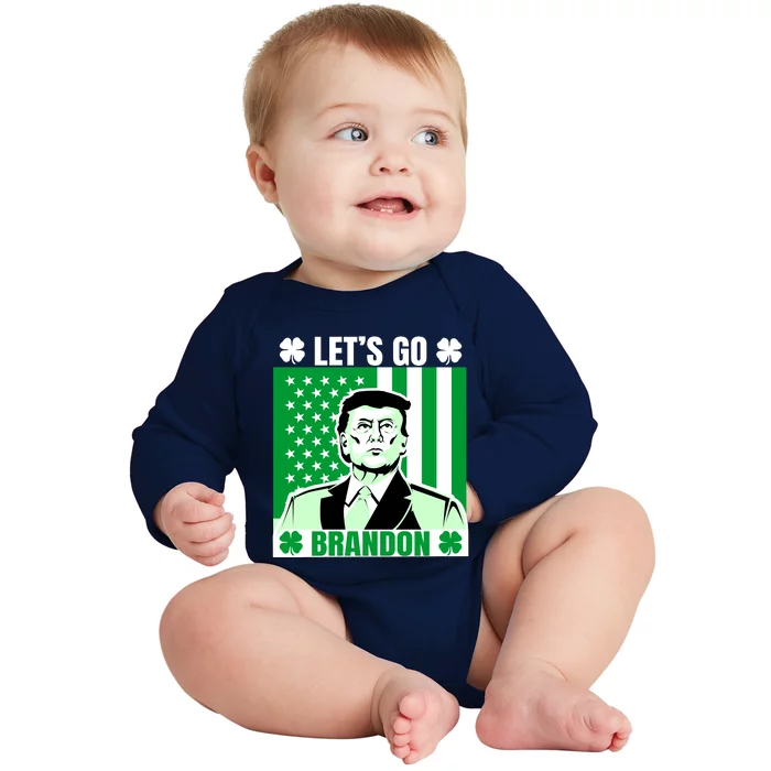 Lets Go Brandon St Patrick's Day Trump America Flag Clover Baby Long Sleeve Bodysuit