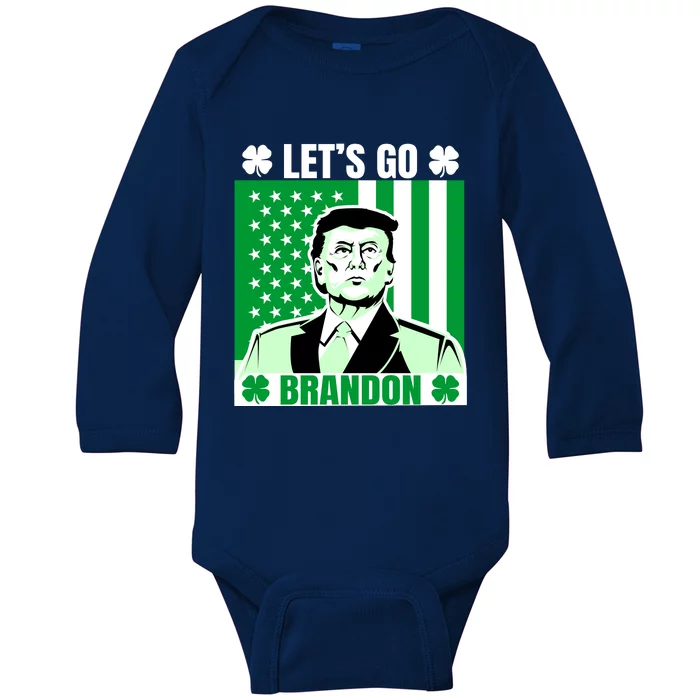 Lets Go Brandon St Patrick's Day Trump America Flag Clover Baby Long Sleeve Bodysuit