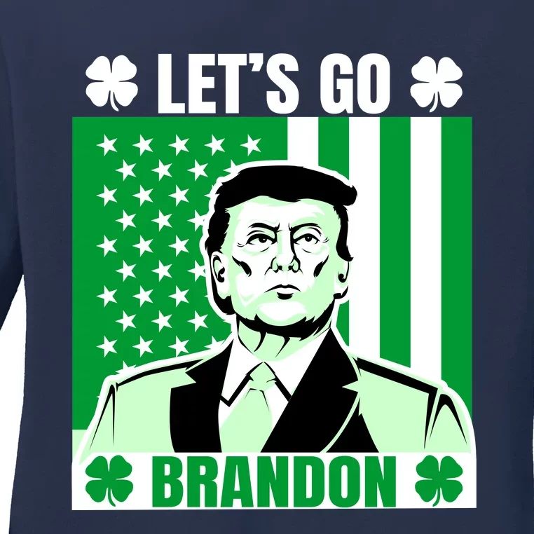 Lets Go Brandon St Patrick's Day Trump America Flag Clover Ladies Long Sleeve Shirt