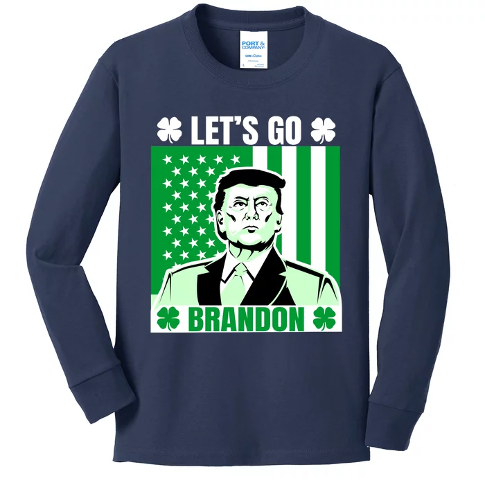 Lets Go Brandon St Patrick's Day Trump America Flag Clover Kids Long Sleeve Shirt