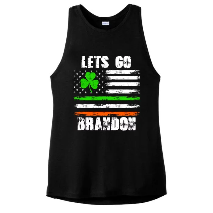 Lets Go Brandon St Patrick's Day Distressed America USA Flag Clover Ladies Tri-Blend Wicking Tank