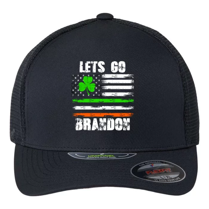 Lets Go Brandon St Patrick's Day Distressed America USA Flag Clover Flexfit Unipanel Trucker Cap