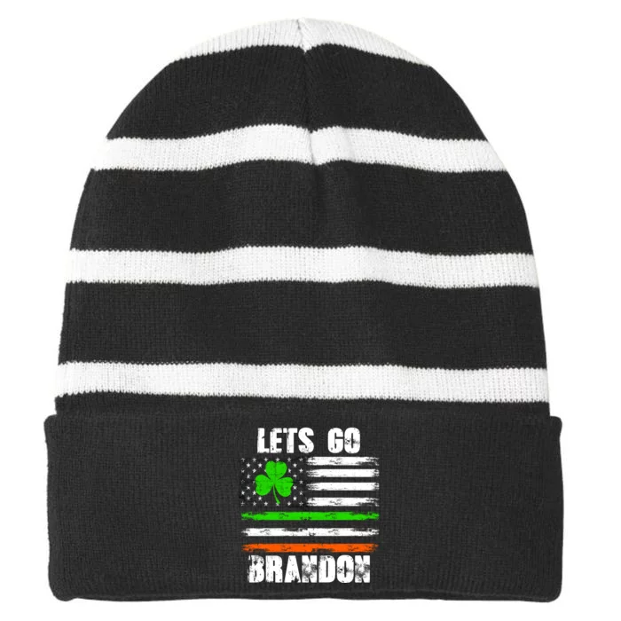 Lets Go Brandon St Patrick's Day Distressed America USA Flag Clover Striped Beanie with Solid Band