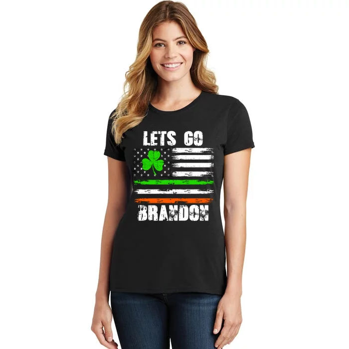 Lets Go Brandon St Patrick's Day Distressed America USA Flag Clover Women's T-Shirt