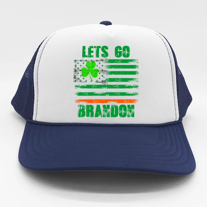 Lets Go Brandon St Patrick's Day Distressed America USA Flag Clover Trucker Hat