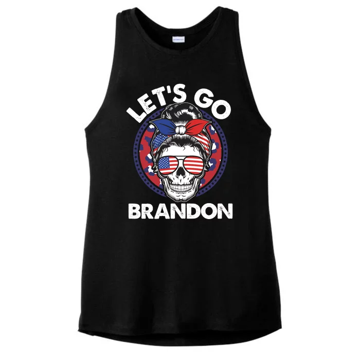 Let's Go Brandon American Flag Hairbun Skull Ladies Tri-Blend Wicking Tank