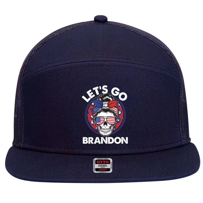 Let's Go Brandon American Flag Hairbun Skull 7 Panel Mesh Trucker Snapback Hat