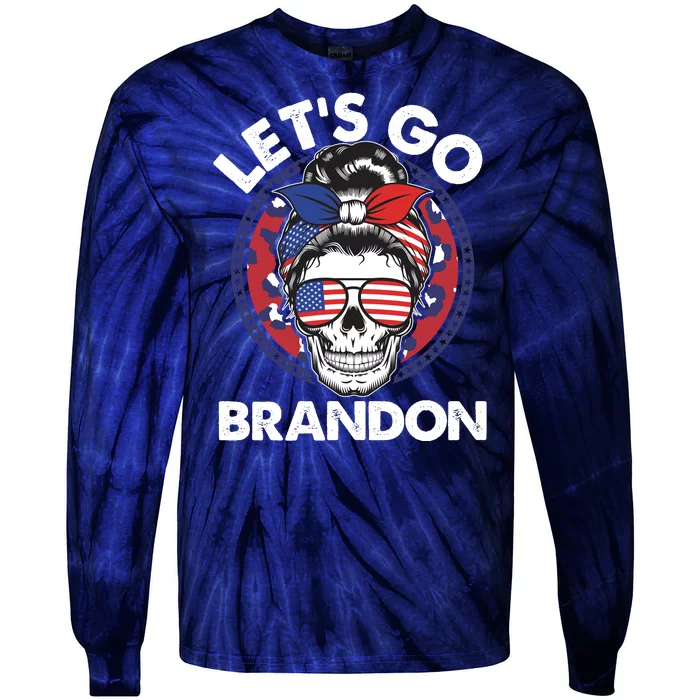 Let's Go Brandon American Flag Hairbun Skull Tie-Dye Long Sleeve Shirt