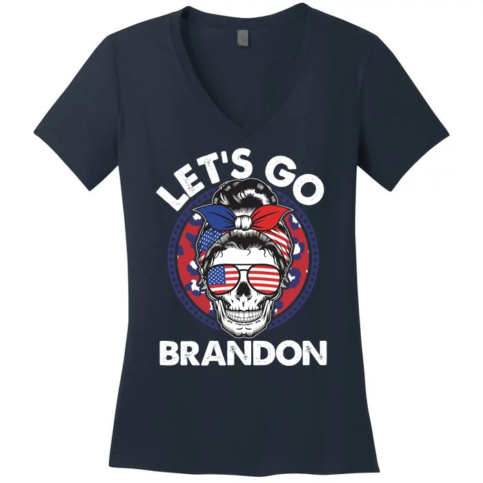 Let's Go Brandon American Flag Hairbun Skull Women's V-Neck T-Shirt