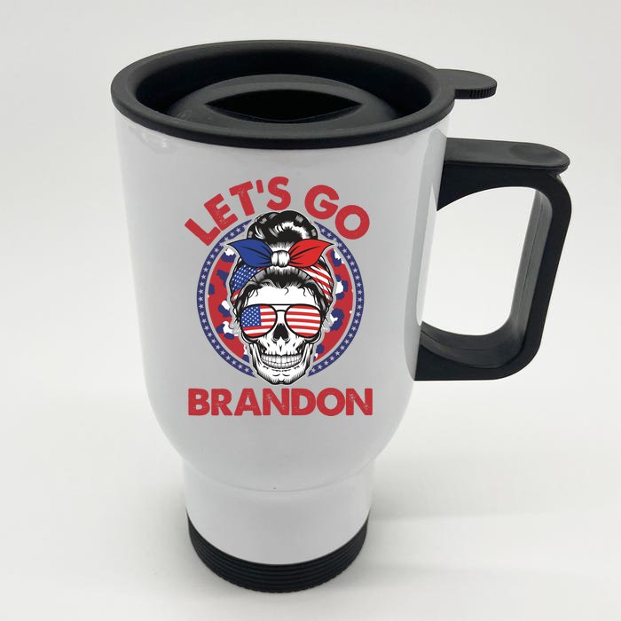 Let's Go Brandon American Flag Hairbun Skull Front & Back Stainless Steel Travel Mug