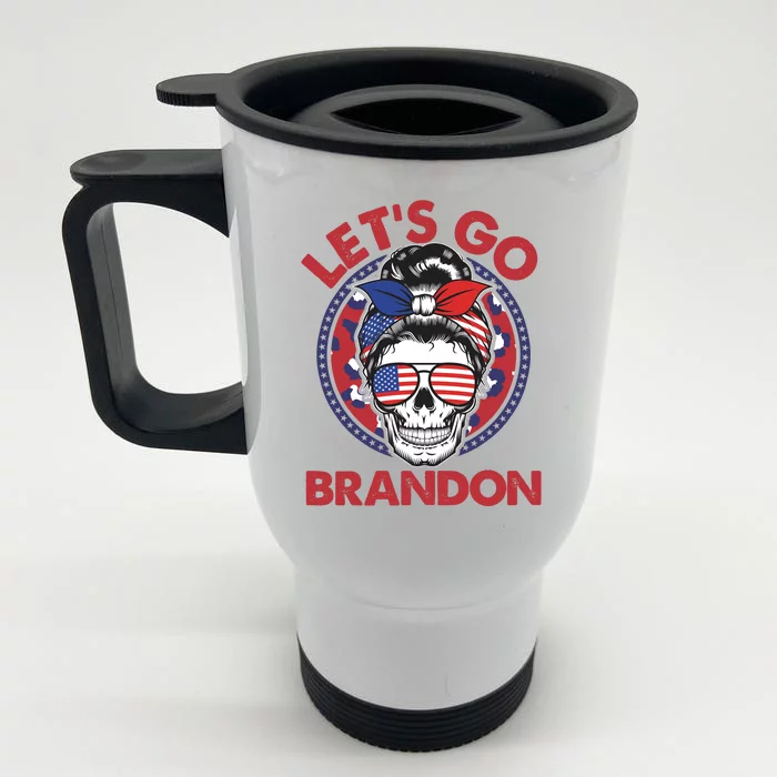 Let's Go Brandon American Flag Hairbun Skull Front & Back Stainless Steel Travel Mug